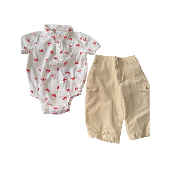Boy Gymboree Crab Button Down Bodysuit Janie & Jack‎ khaki lined pants 3-12MTH - Picture 1 of 7